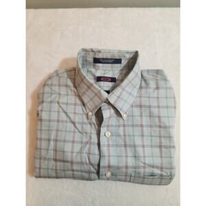 Overton Shirt Mens Large Blue Plaid Long Sleeve 100% Cotton Preppy Wrinkle Free